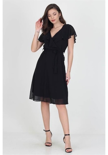 Kadın Şifon Mezuniyet Elbisesi Dpry8081 Siyah