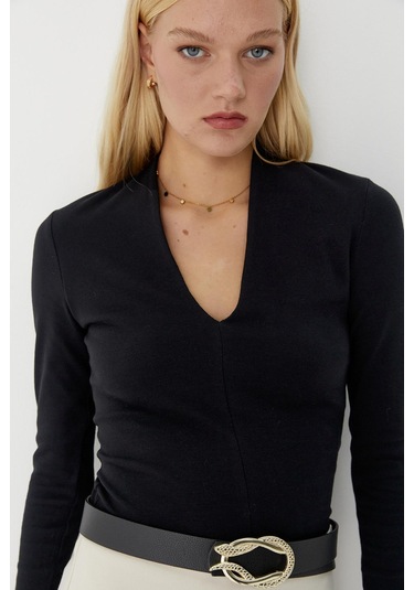 V Yaka Uzun Kollu Body Siyah Siyah