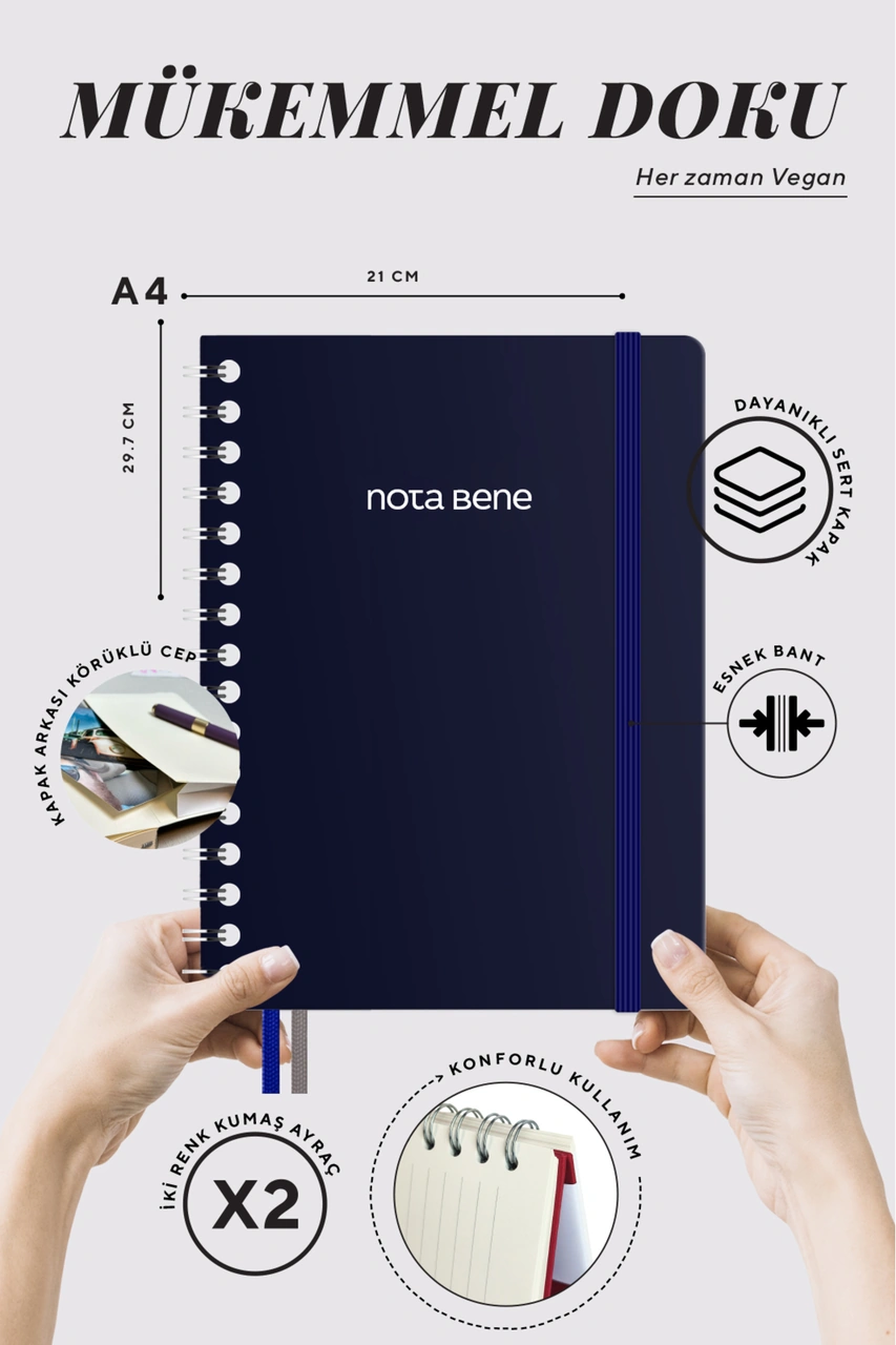 Nota Bene Spiralli Premium Sert Kapak Defter, 21x29,7 Cm, Çizgili Lacivert