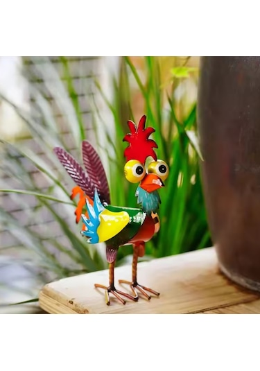 Tenfowee Yeşil Metal Demir Çelik Canlı Horoz Figürü, Bahçe Çimenliği Ve Ev Dekorasyonu Sanat Eseri, 21x17x8 Cm