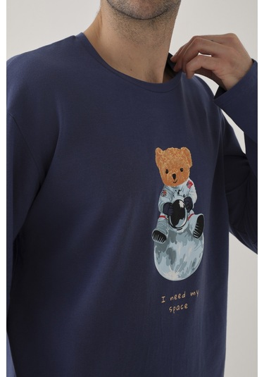 Erkek Pamuklu Uzun Kollu Üst Astronot Baskılı Alt Çizgili Pijama Takımı Ke30106 Mavi - Beyaz