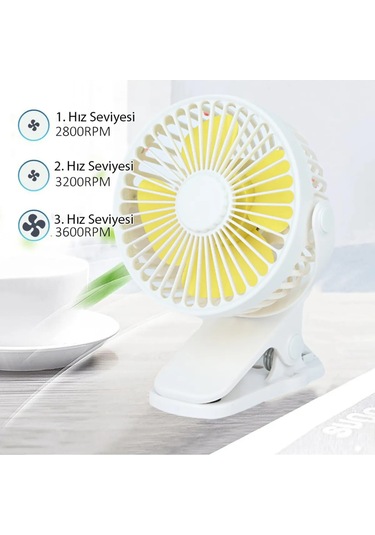 3 Kademe Şarjlı Mandallı 360 Taşınabilir Fan Vantilatör Jh-006 Beyaz