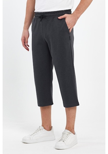 Erkek Yanları Cepli Siyah-Antrasit Bermuda Diz Altı Kapri Beli Ayarlanabilir Lastikli Uzun Şort Gri