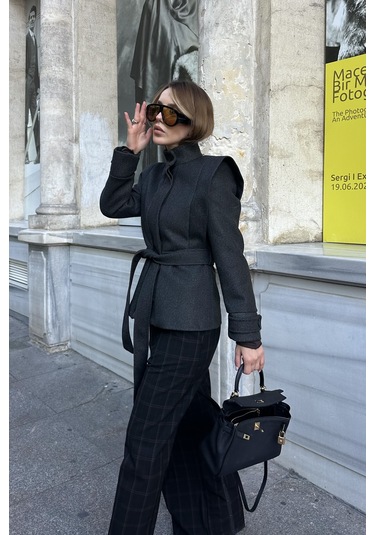 Antrasit Vatkalı Kuşaklı Kaşe Ceket - 1001 Antrasit