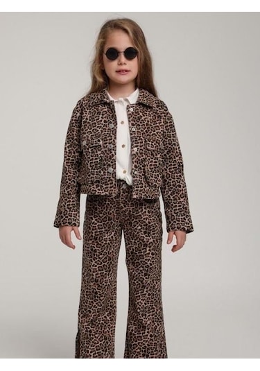 Kız Çocuk Cepli Leopar Kot Ceket-15588 Kahverengi