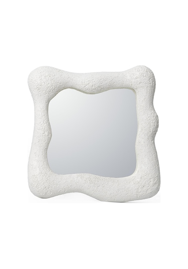 Taş Görünümlü Beyaz Köşeli Duvar Aynası Beyaz