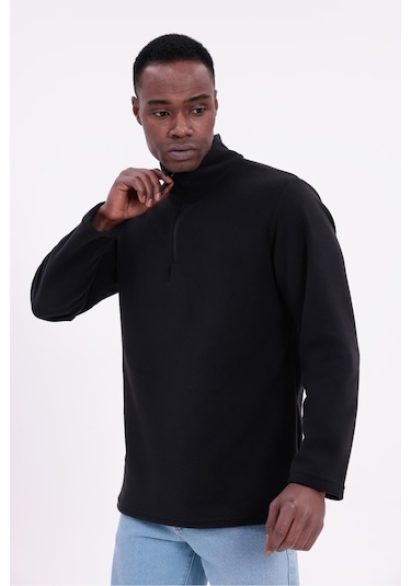 Freemen Erkek Fit Dik Yaka Yarım Fermuarlı Sweatshirt Polar Siyah