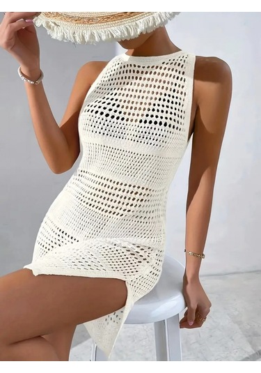 Kadın Askılı Derin Sırt Dekolteli Ajurlu Triko Pareo Beyaz