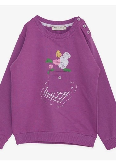 Kız Çocuk Pamuklu Cep Detaylı Sweatshirt-14369 Mor