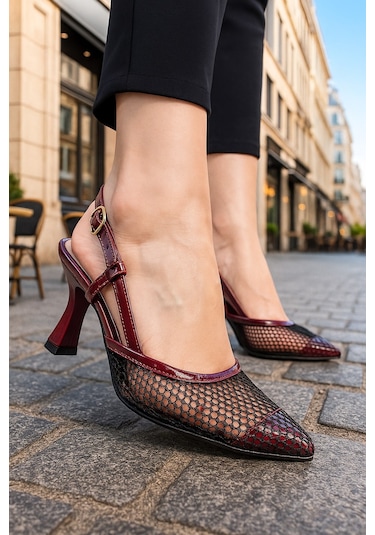 Günlük Kadın Fileli Arkası Açık Ayarlanabilir Tokalı İnce Topuklu Abiye Ayakkbı 923 Bordo Rugan