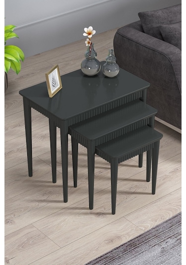 Elegance Antrasit Mdf Lake Boyalı Tabla Gürgen Ayak 3 Lü Zigon Sehpa Takımı Çay Sehpası Servis Sehpa Antrasit