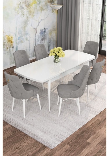 Mona Beyaz 80x132 Açılabilir Mdf Masa Yemek Odası Takımı, Mutfak Takımı 6 Adet Sandalye Beyaz Masa - 6 Gri - Beyaz Ayak