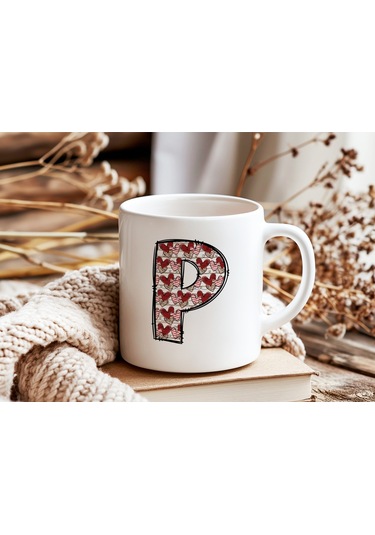P Harfi Aşk Temalı Kupa - Kalp Desenli Kişiye Özel Romantik Sevgililer Günü Kahve Kupası Beyaz