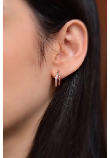 İstanbul Takı 925 Ayar Gümüş Rose Kaplama Çift Kare Halka Baget Taşlı Tamtur Küpe