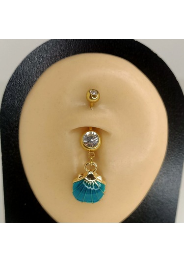Aya Tasarım Gold Renk Turkuaz İstiridye Figürlü Göbek Piercing Altın