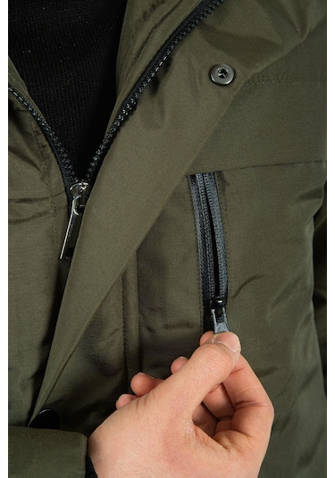 Montland Erkek Haki Içi Polarlı Su Ve Rüzgar Geçirmez Kapüşonlu Kışlık Mont Haki