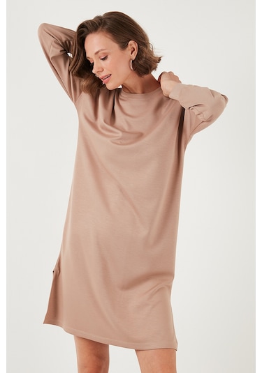 Lela Modest Oysho Kumaş Relaxed Fit Yırtmaçlı Bayan Tunik 5865878 Bisküvi