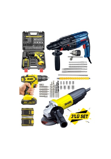 Dragro Alman DRG-3000 Pro 3000W Taşlama + 4200W Kırıcı Delici Hilti + 58V Şarjlı Matkap S 3'lü Set