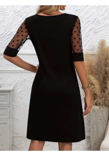 Kadın Puantiyeli Tül Kollu Bisiklet Yaka Janjan Krep Elbise Siyah