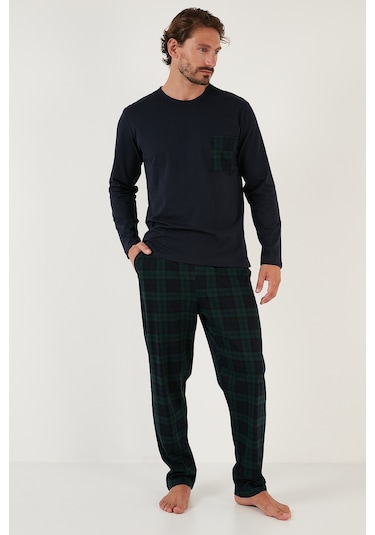 Buratti Ekoseli Cepli Beli Lastikli % 100 Pamuk Regular Fit Erkek Pijama Takımı 6572001 Lacivert