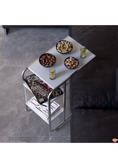 Modilayn C Yan Sehpa Dar Boy Tekerlekli Çalışma, Atıştırmalık, Yemek, Laptop Sehpası Beyaz Beyaz