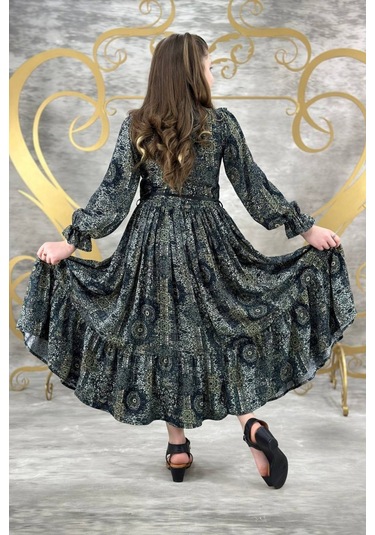 Desenli Tam Boy Uzun Kol Kız Çocuk Elbise 001