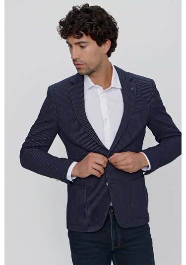 Morven Erkek Örme Çizgili Slim Fit Torba Cep Ceket 2009 Lacivert