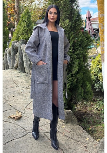 Antrasit Cepli, Balon Kol, Kemerli, Kalın Örgü Triko, Uzun Kaban Antrasit