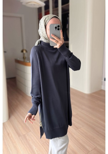 Kahijab Yan Fermuar Basic Merserize Tunik - Füme
