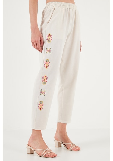 Lela Bohem Işlemeli Keten Ve Pamuk Karışımlı Şalvar Bayan Pantolon 5865050 Bej-Fuşya