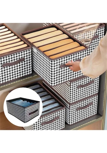 Kosona Houndstooth Desenli 6 Bölmeli Kollu Kumaş Depo Kutusu - 44x30x20 Cm - Çekirdekli, Yığılabilir, Ev İçi Giyim Ve Eşya Saklama Kutusu