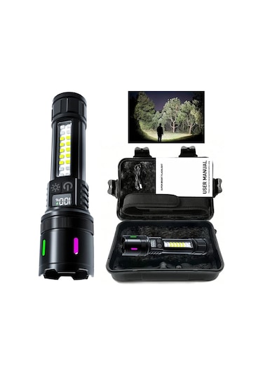 Xuweiwei Siyah Poslani 700 Lumen Usb Sarj Edilebilir Led El Feneri 7 Mod 2000mah Pil 800m Menzil 1 Takim Siyah