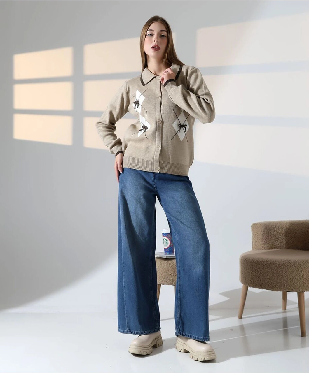 Baklava Desen Polo Yaka Kadın Kazak Vizon