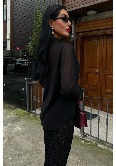 Transparan Detaylı Dökümlü Gömlek 3427 Si Yah Siyah