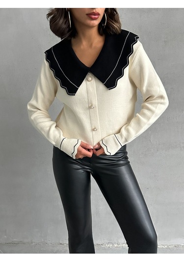 Kadın Yaka Detaylı Triko Bluz Ekru