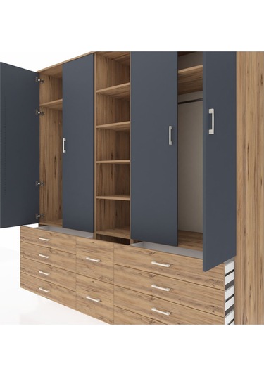 Kronos Dolap 9 Raflı 10 Çekmeceli 2 Askılı 220x59x243 Çam-antrasit/çam Antrasıt/atlas Çam