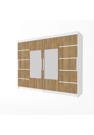 Sürgülü Gardırop, Dört Kapaklı Aynalı 360x60x210 Cm Parlak Beyaz