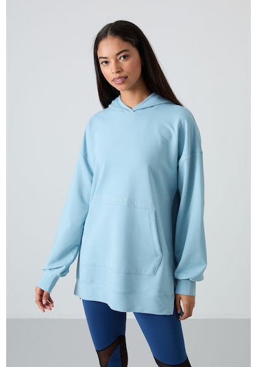Tommy Life Açık Mavi Balon Kol Yazı Nakışlı Kadın Oversize Tunik Sweatshirt - 97163 Açık Mavi