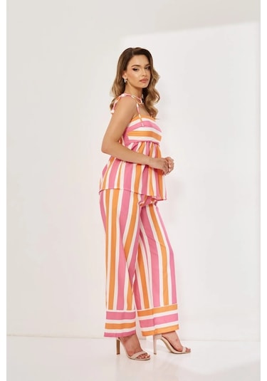 Lolipop Pastel Çizgili Beli Bol Salaş Askılı Rengarenk Yazlık Tatil Pantolon Bluz Takım Pembe