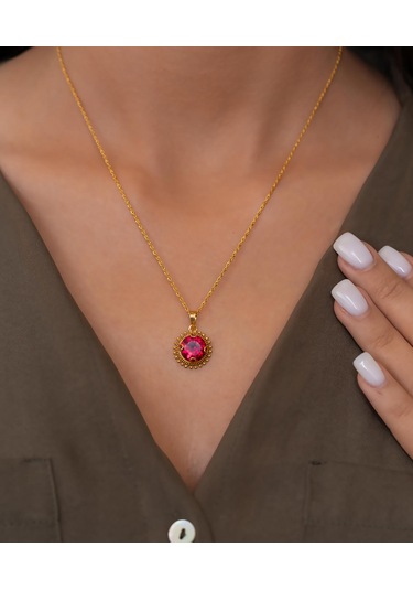 Bayar Gold 14 Ayar Altın Kırmızı Güneş Taşlı Kolye Sarı Altın