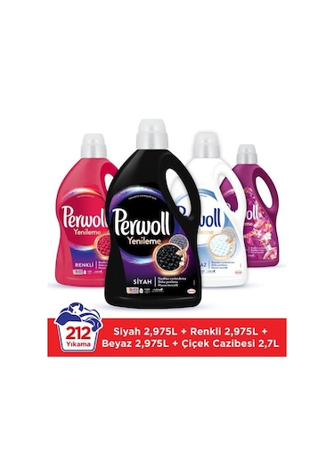 Perwoll Hassas Sıvı Çamaşır Deterjanı Siyah 2970 ML + Renkli 2970 ML + Beyaz 2970 ML + Çiçek Cazibesi 2700 ML