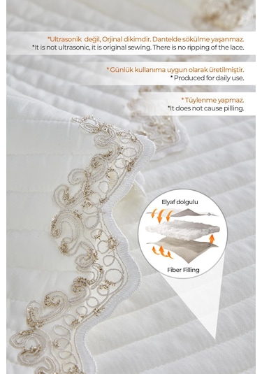 Evlen Home Mihrimah Dantelli Lüks Yatak Örtüsü Seti Çift Kişilik %100 Pamuk Şık Zarif Yumuşak Krem Kırık Beyaz