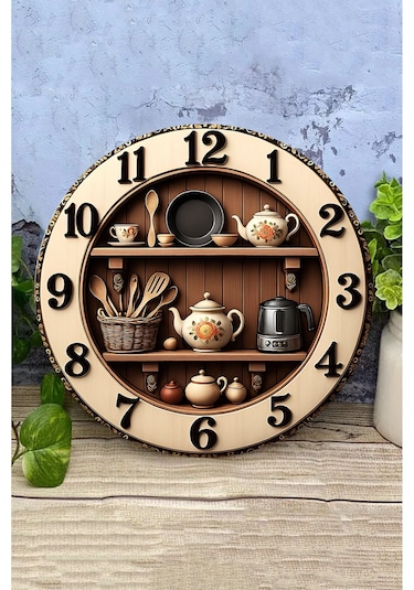 Zaman Mutfakta Pişer Raf Temalı Sessiz Yuvarlak Ahşap Duvar Saati, Kuvars Coffe Desen 2d Sdw208 Renkli