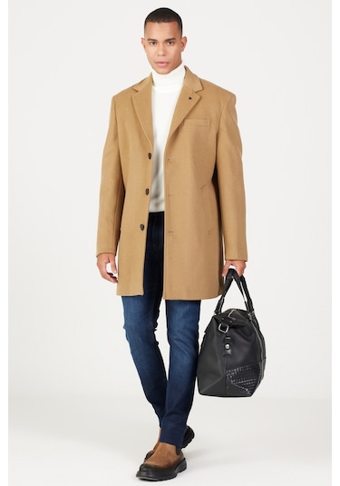 Ac&Co / Altınyıldız Classics Erkek Camel Standart Fit Normal Kesim Mono Yaka Yünlü Palto Camel