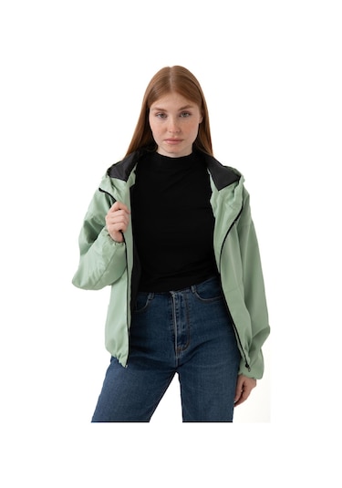 Spor Kadın Kapüşonlu Su Ve Rüzgar Geçirmez Cepli İçi Astarlı Oversize Mevsimlik Yağmurluk Su Yeşili