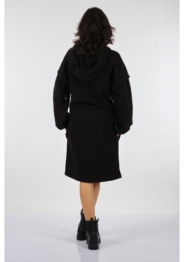 Unique Mode Oversize Kapüşonlu Balon Kol Midi Elbise - Günlük Şıklık Siyah
