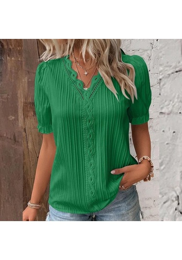 Yeşil Yaz Kadın T-shirt Moda Hollow Kısa Kollu Kadın Gömlek Tops Yeşil