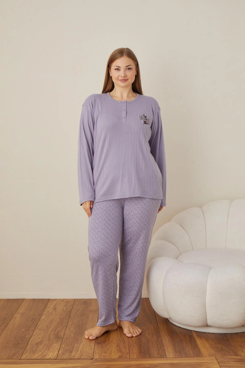 Lindros Kadın Pamuk'lu Düğme Yaka Raporlu İnterlok Kışlık Battal Pijama Takımı 05104 - 1 Adet Lila