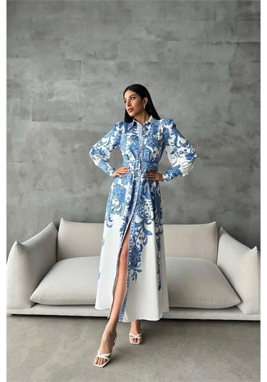 Dipmoda Kadın Kemerli Uzun Desenli Gömlek Elbise Dpms4220 Mavi