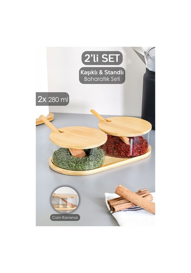 2'li Bambu Kapaklı Cam Baharatlık Seti - Bambu Kaşıklı Standlı Tuzluk Biberlik Baharat Takımı 280 Ml ŞEffaf